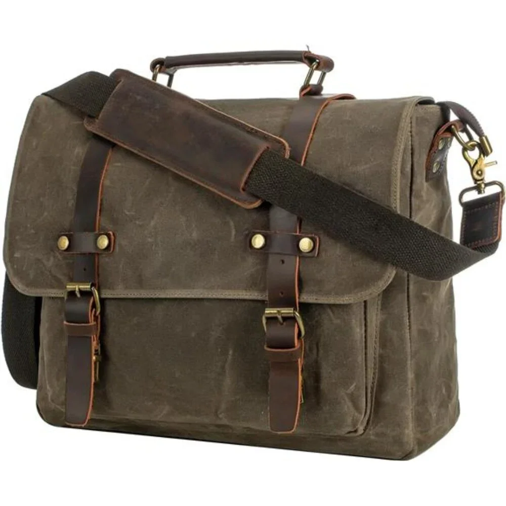 Men's Vintage Leather Messenger Bag 15.6 inch Laptop Briefcase, Waxed Canvas